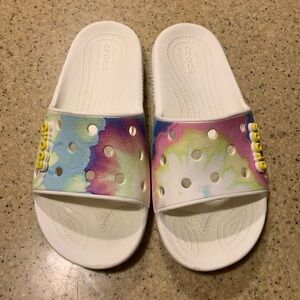 Crocs Iconic Comfort Slides Women's Sz 6 White Pastel Tie Dye Pink Yellow Blue